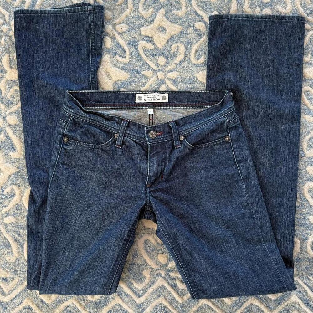 Dark wash low rise flared